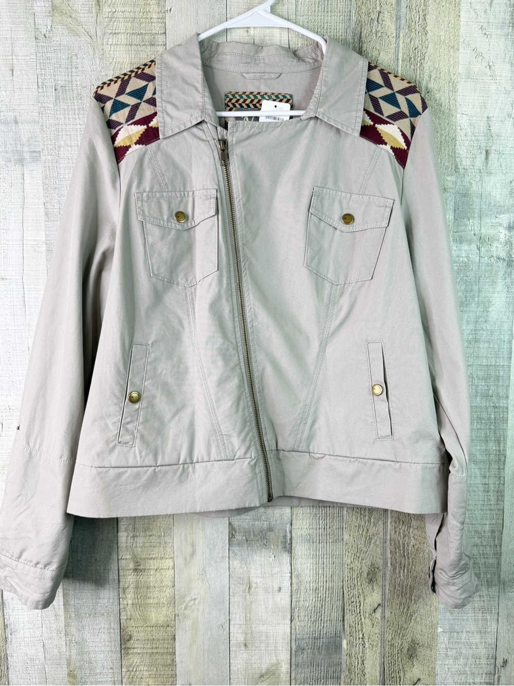 Natural Reflections Large Southwest Beige Jacket Tabbed Sleeves Zip Front Jacket